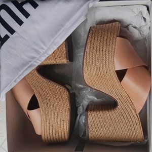 Schutz "Lora" platform espadrille mules sandals, tan, nude